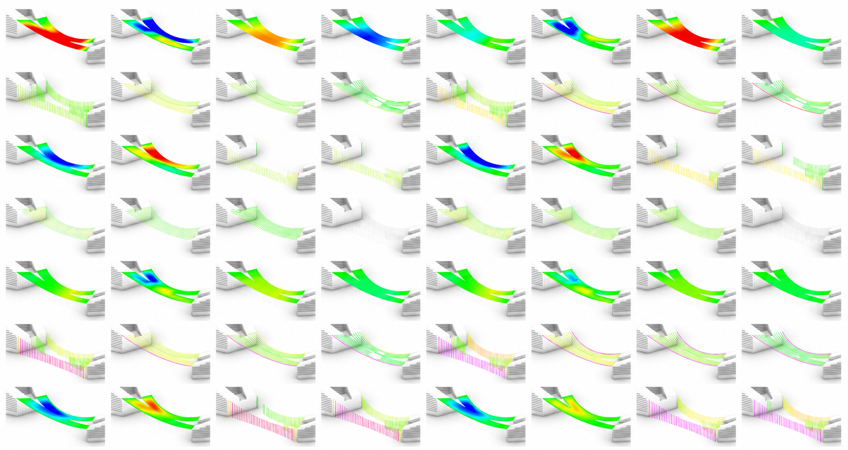 A sheet of colour-coded structural analysis views of CityWave’s canopy and supporting elements.