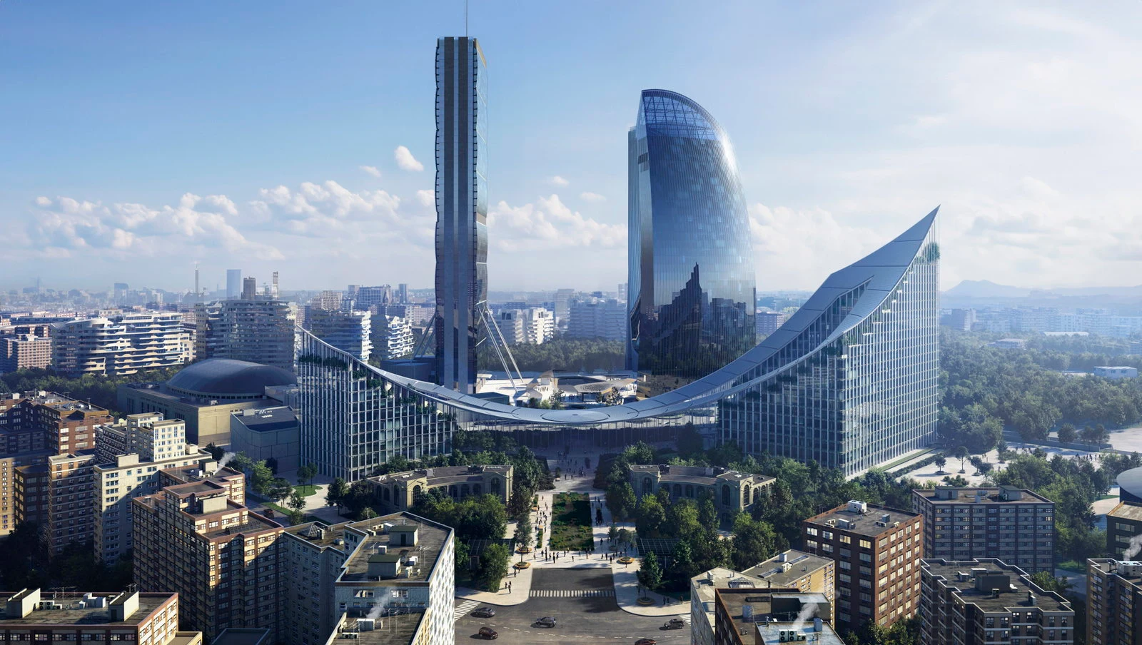 Elevated architectural rendering of CityWave’s two curved buildings and connecting canopy within Milan’s CityLife district.