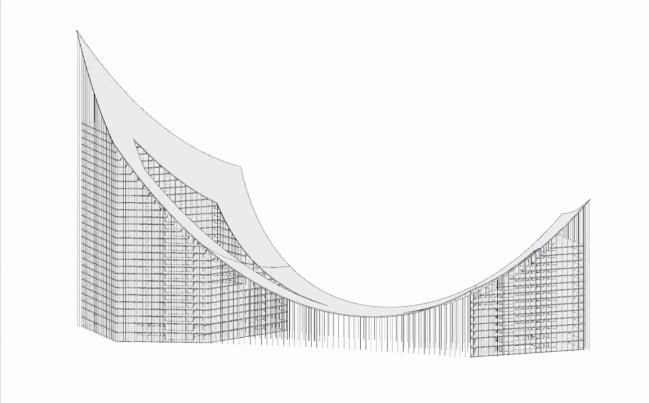 Parametric CityWave model with a steep roof profile, showing the connected floor slabs and columns.