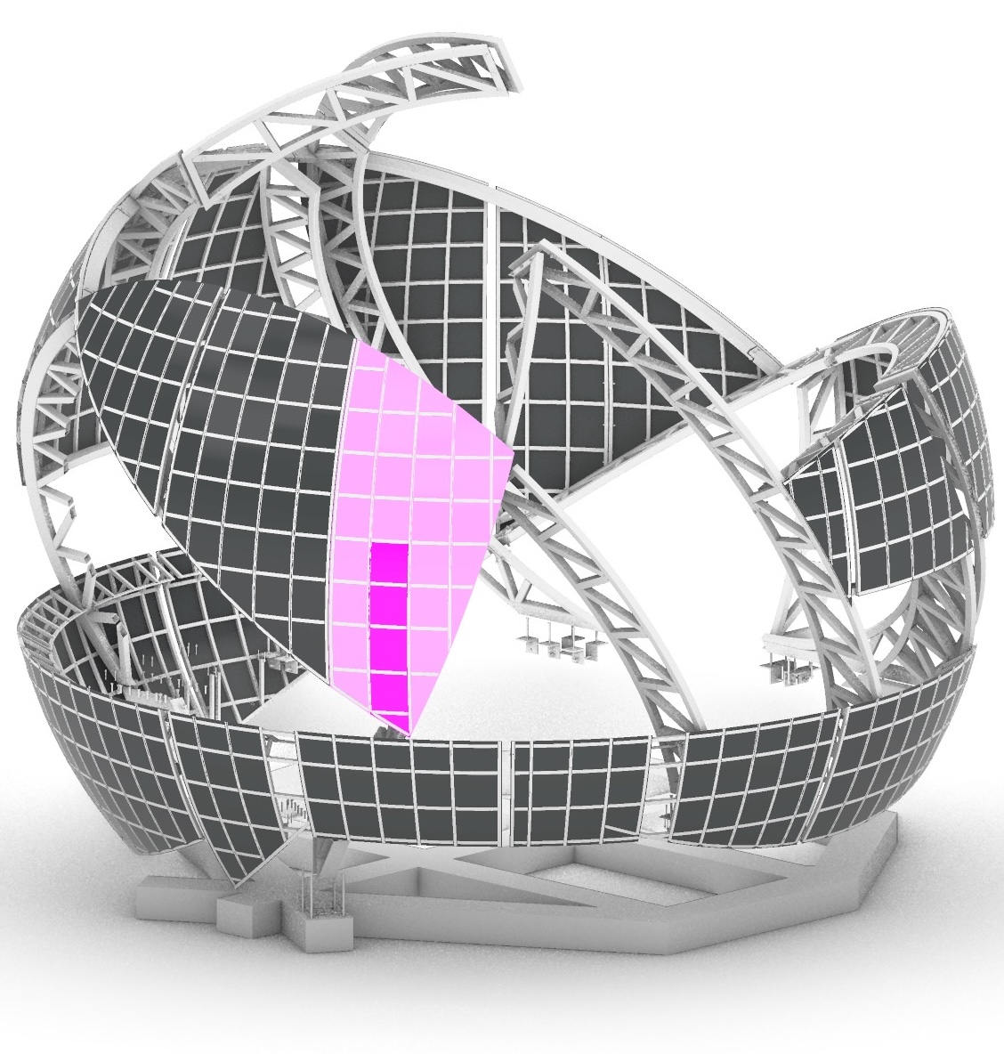 Render of the assembled steel structure with selected panels highlighted.