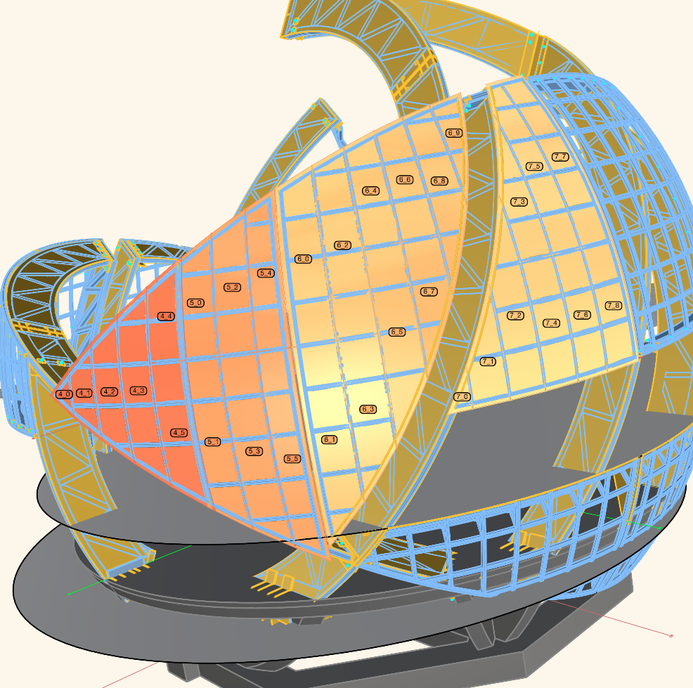 3D model view showing grouped steel panels across the structure.