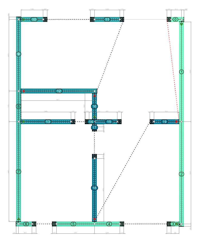 Building floor plan with numbered print sections, direction arrows, and dimensions.