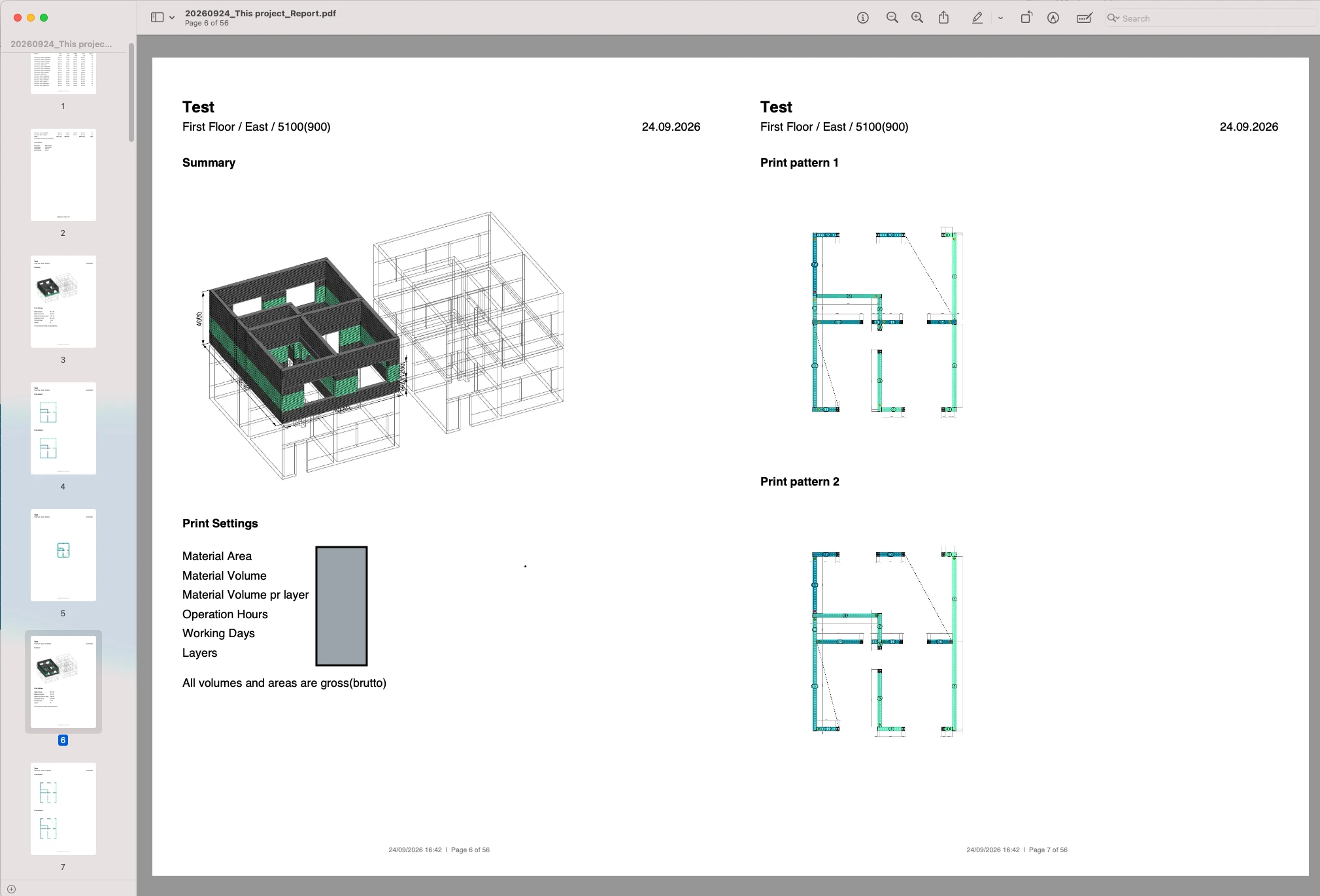 PDF report showing a building model, print settings, and two print patterns.