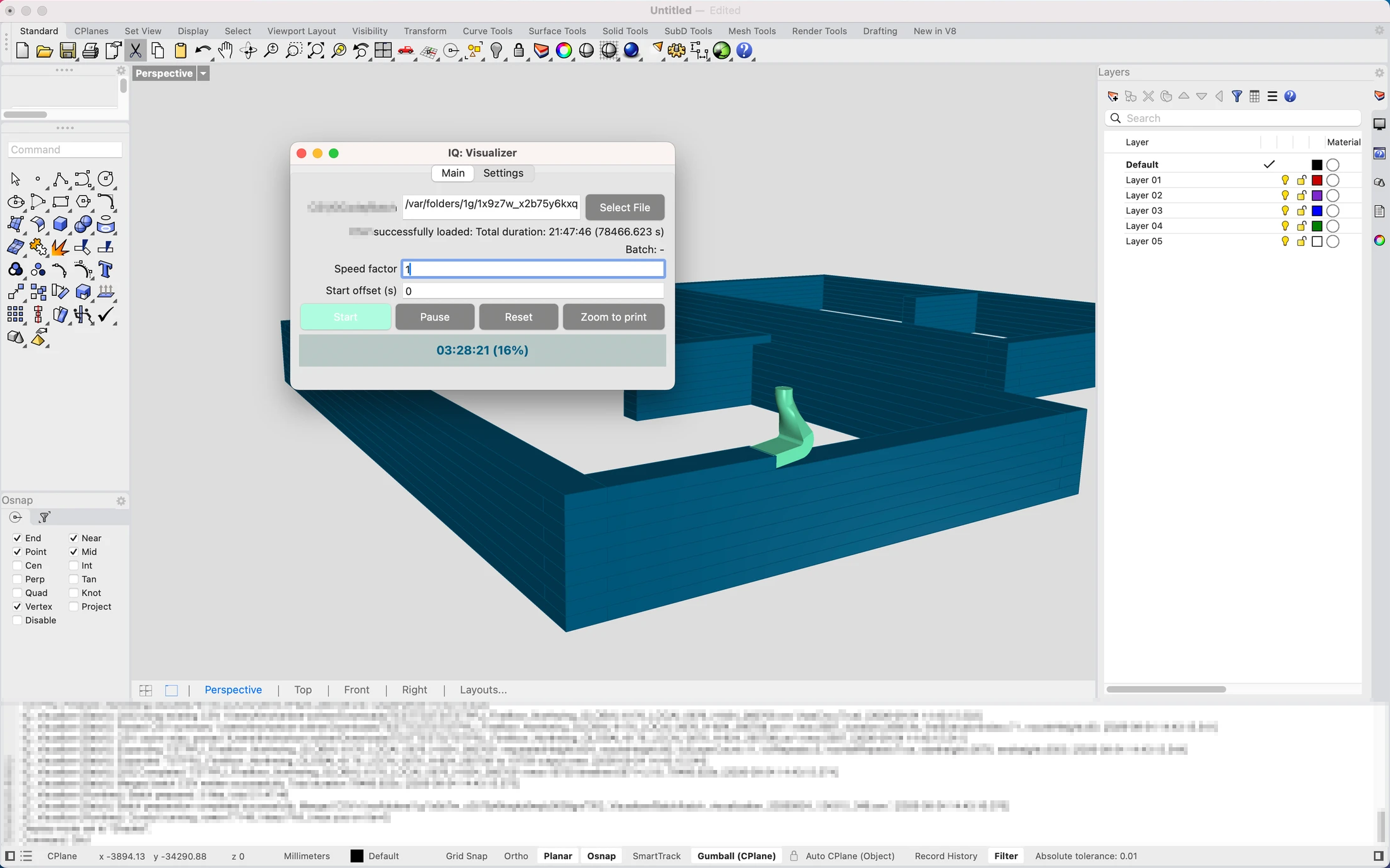 The IQ Visualizer controls and a partly printed building model inside Rhino.