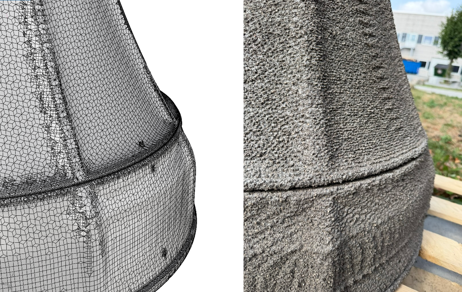 Comparison of digital mesh geometry and the printed foundation mold surface.