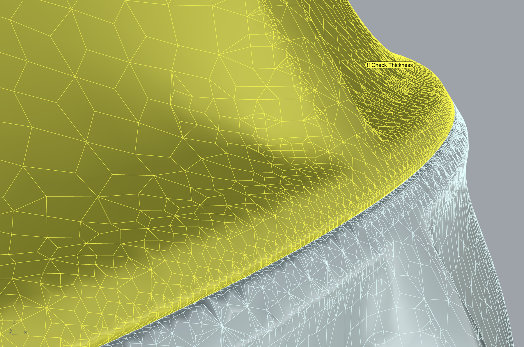 Software viewport showing a thickness check on foundation mold geometry.