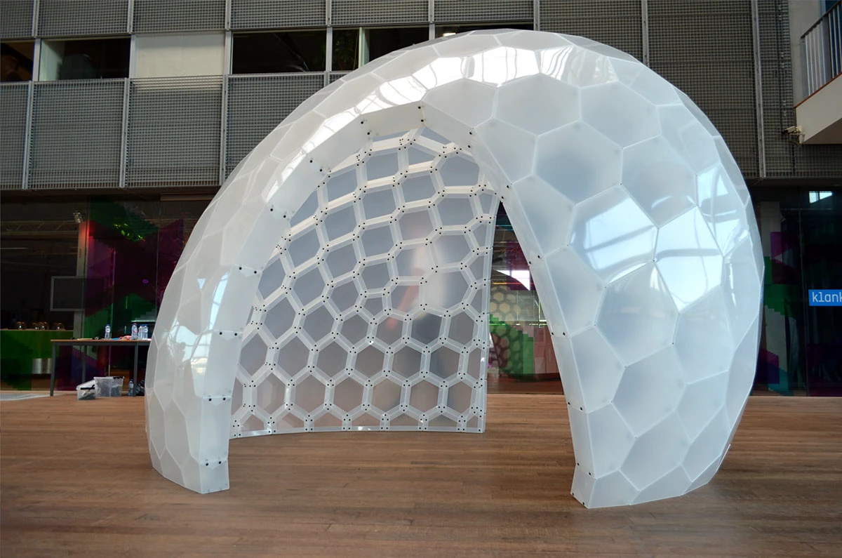 PolyShell pavilion installed at the Muziekgebouw in Amsterdam.