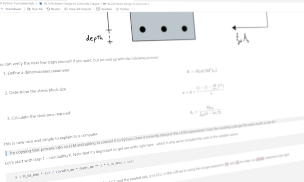 Course notebook screenshot showing Python code for engineering calculations.