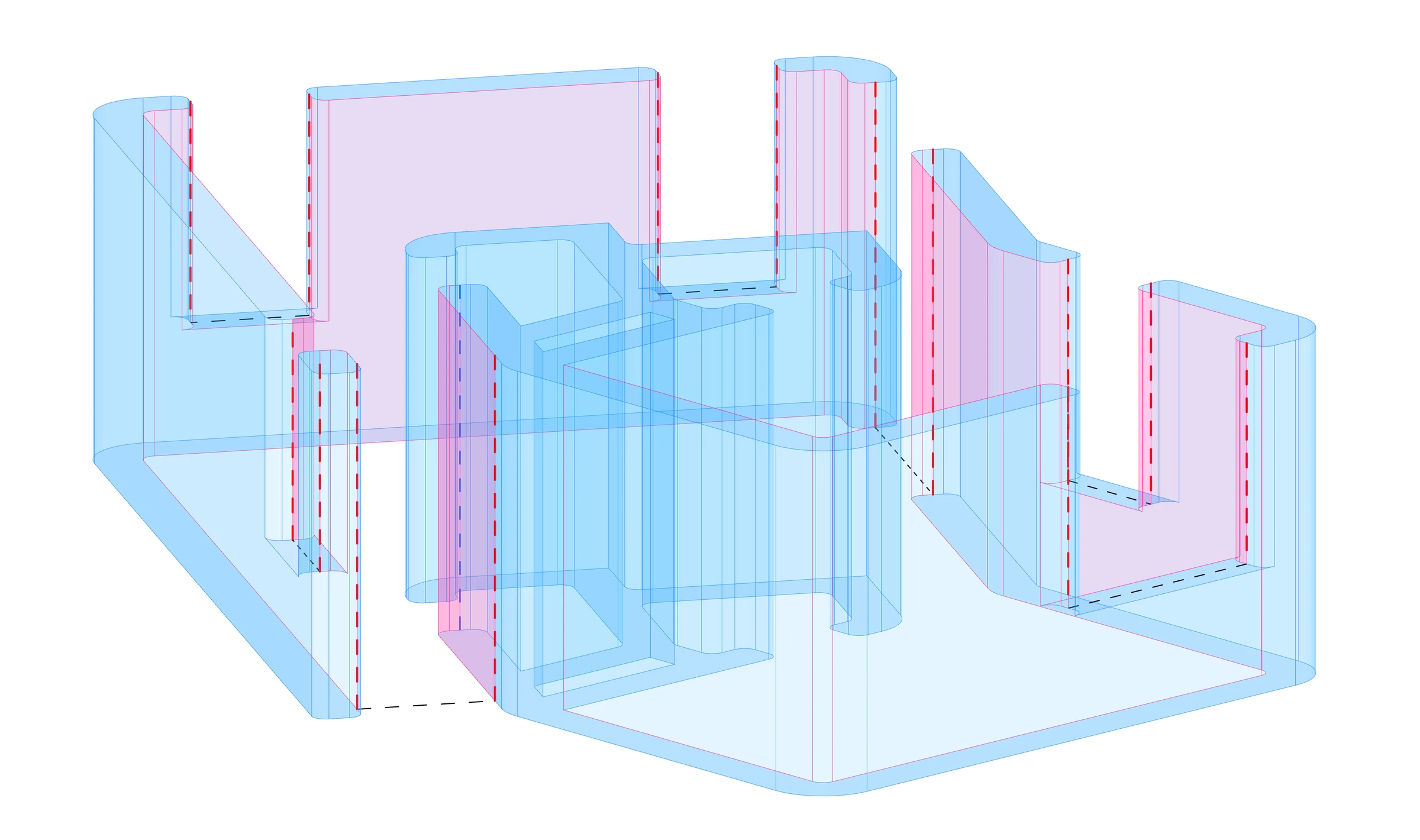 Building wall geometry with curved corners and openings, shown before slicing.
