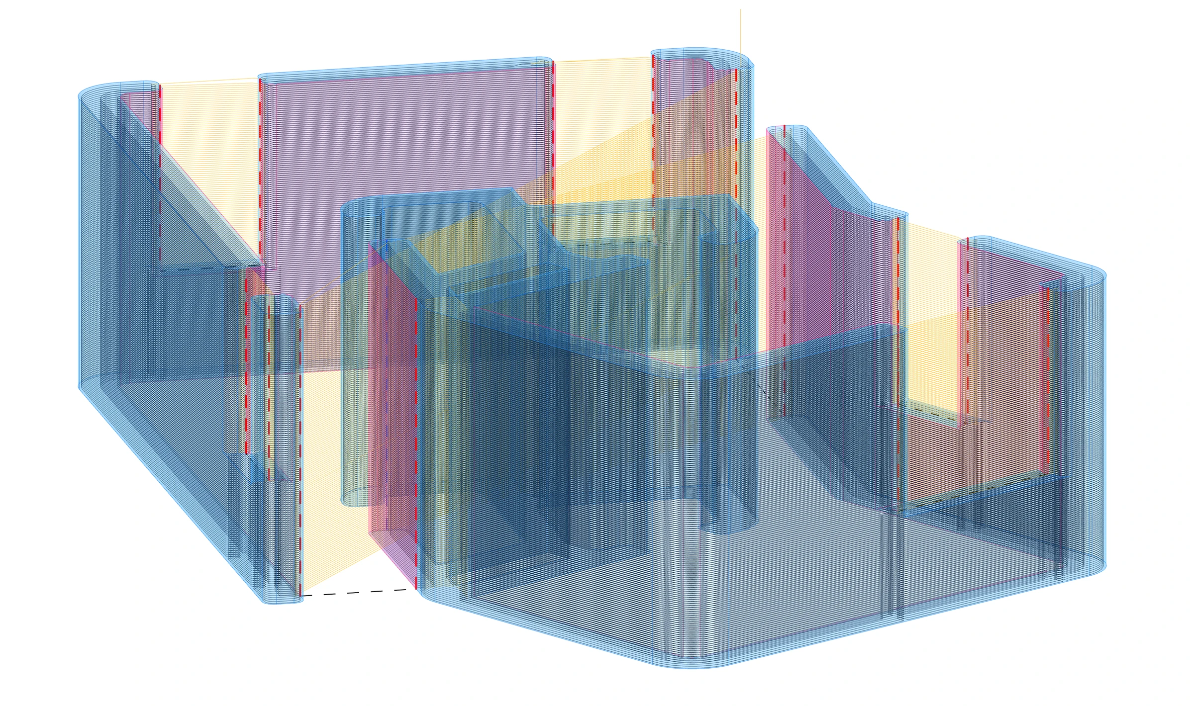 A sliced building model showing layers and connecting paths around wall openings.