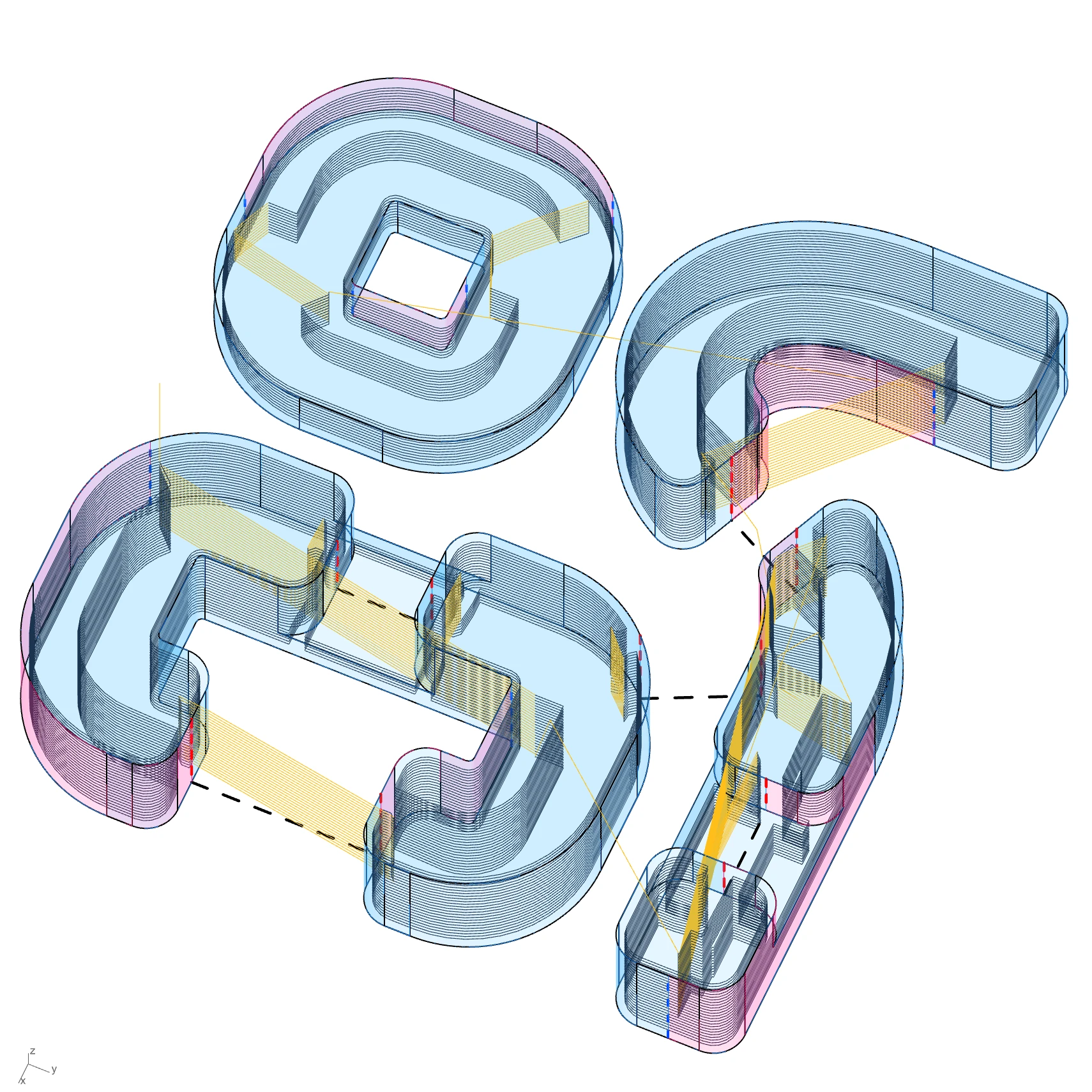 Sliced curved and straight test geometries with their connecting paths.