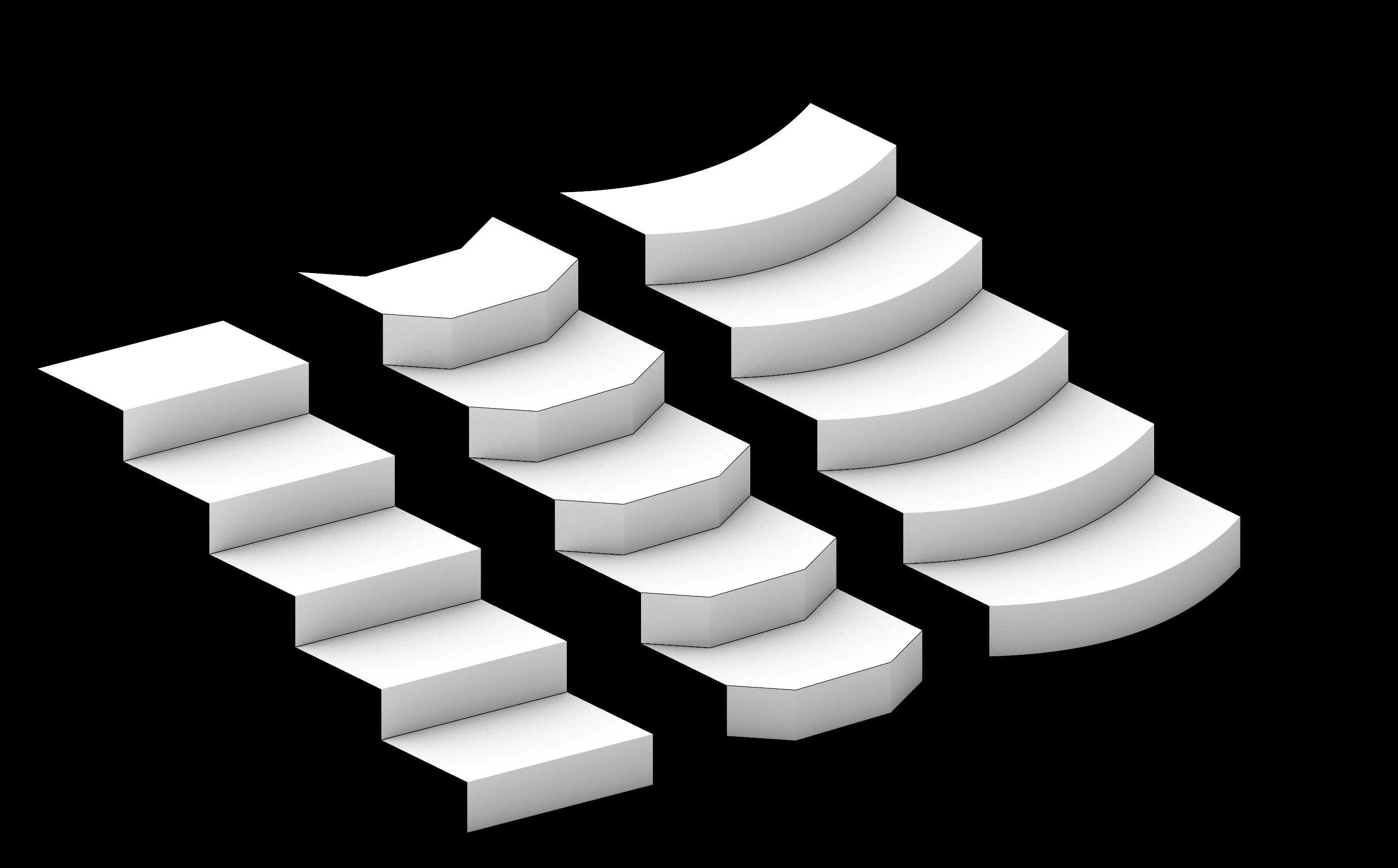 Rendered stair-step geometry variants on a black background.