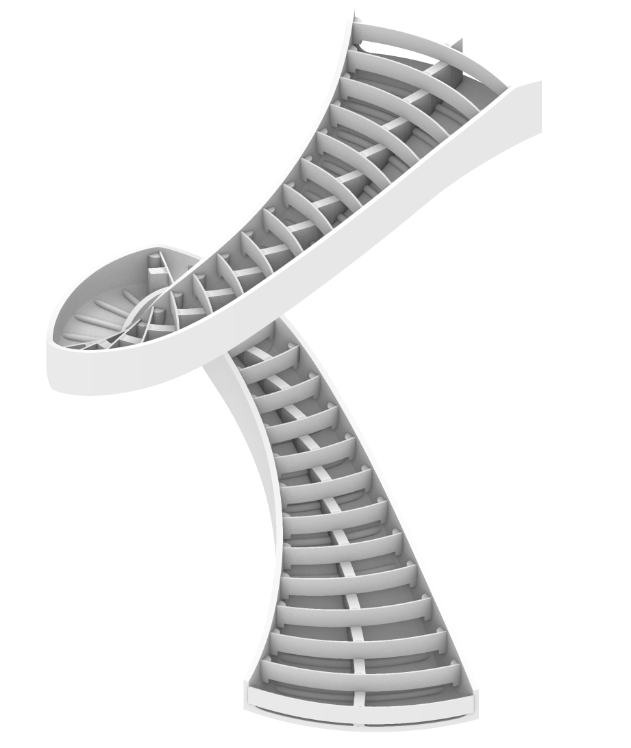 Scawo Stair Designer software interface with generated curved stair formwork geometry.