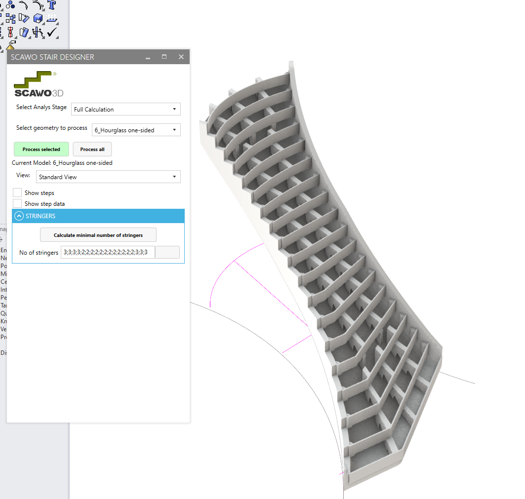 Scawo Stair Designer interface showing a different stringer calculation for curved stair formwork.