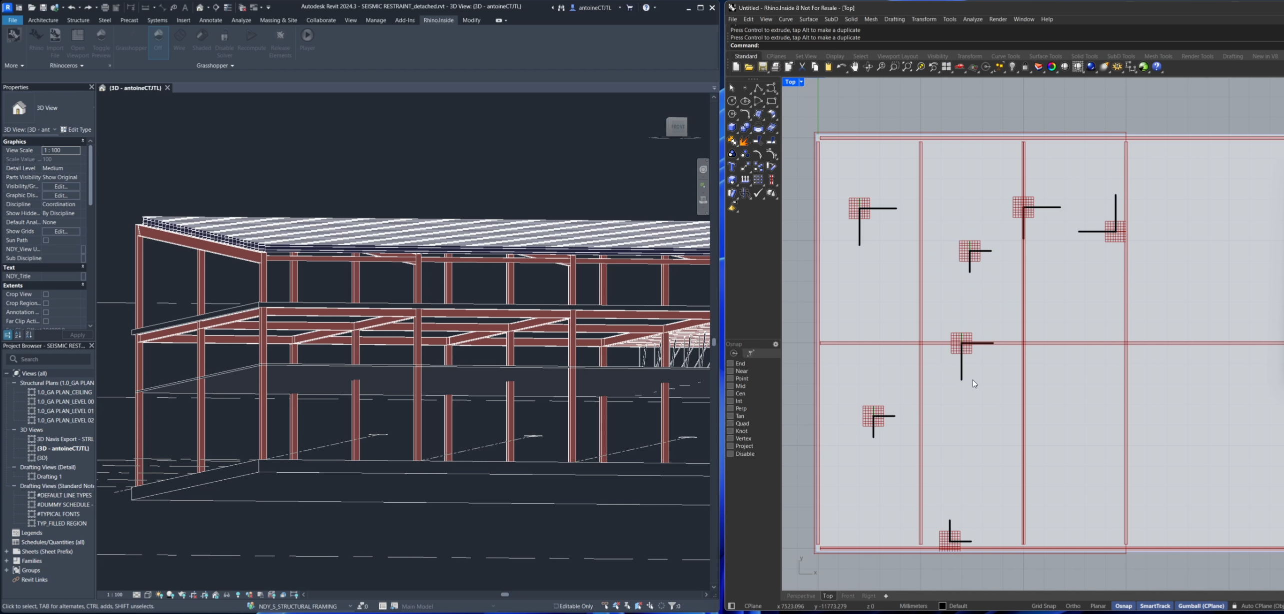Side-by-side model views used during seismic restraint placement.