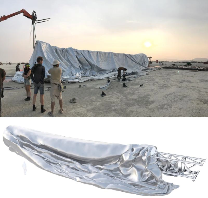 On-site assembly of The Orb’s fabric above a digital simulation of the fabric draped over its horizontal lattice mast.