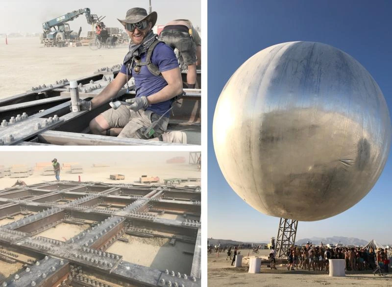 A collage showing a person working on the steel base, the bolted base frame laid out on site, and the completed Orb with visitors below.