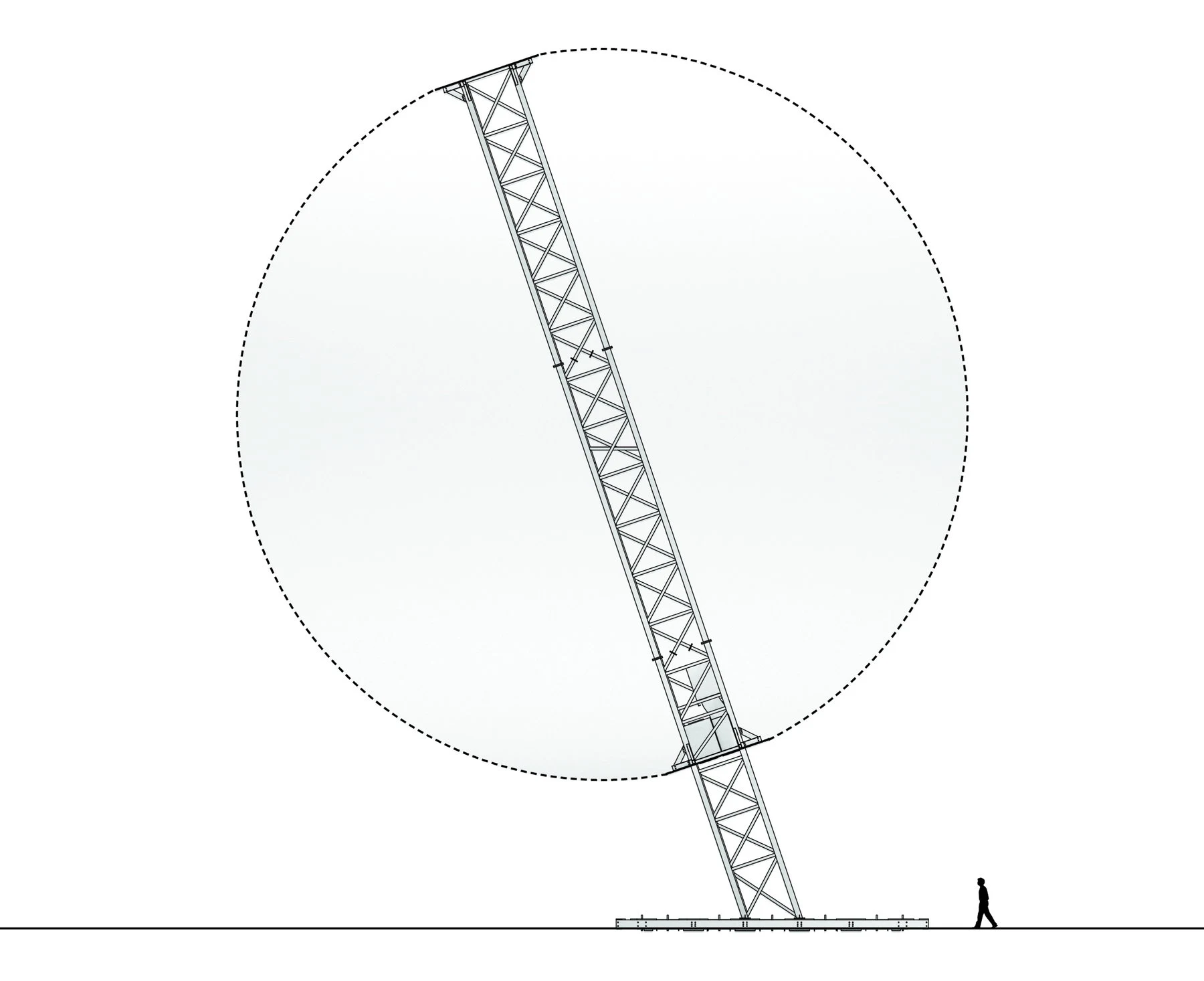 Section drawing of the sphere around an inclined lattice mast, with a person shown for scale.